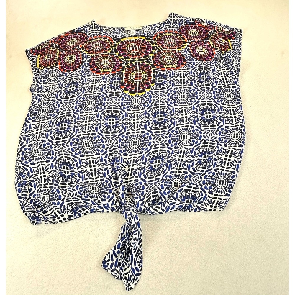 Chaus New York Geometric Tie Front Top Womens Small Blue White Boho Blouse
